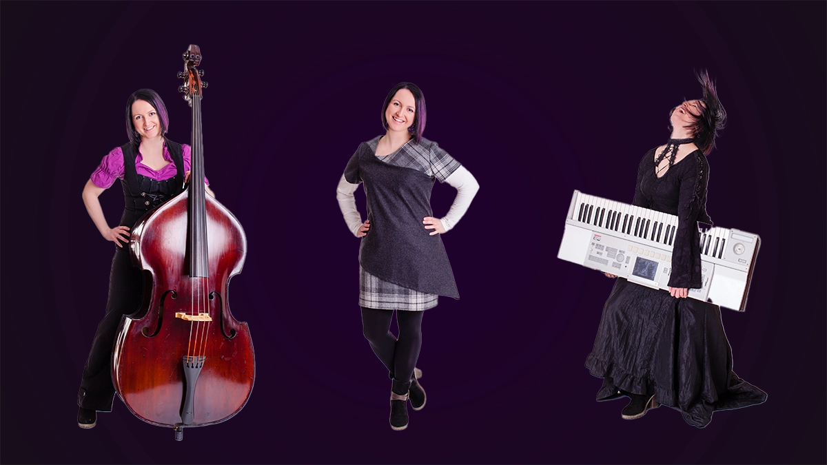 Luise Egermann in dreifscher Ausführung, mit Kontrabass, mit irischer Kleidung und mit dem Synthesizer